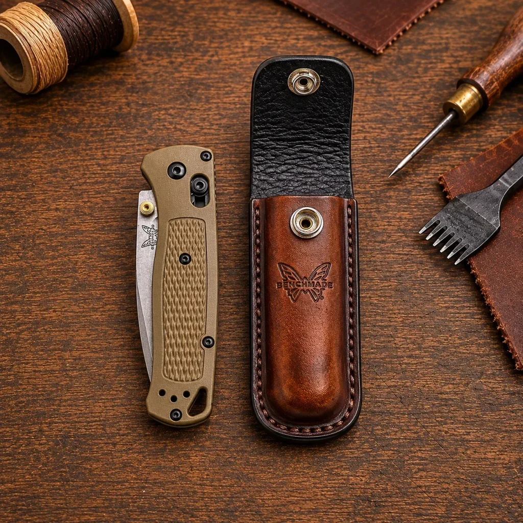 Custom hand-stitched Benchmade Bugout leather sheath with top cover and stud