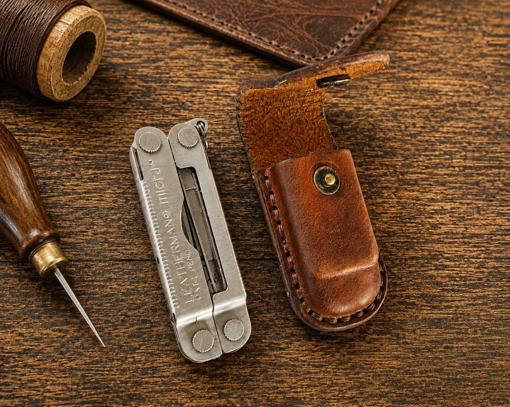 Custom hand-stitched leather Leatherman Micra sheath