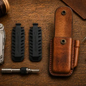 Custom hand-stitched leather Leatherman Wave sheath with Bit Kit and ratchet holder