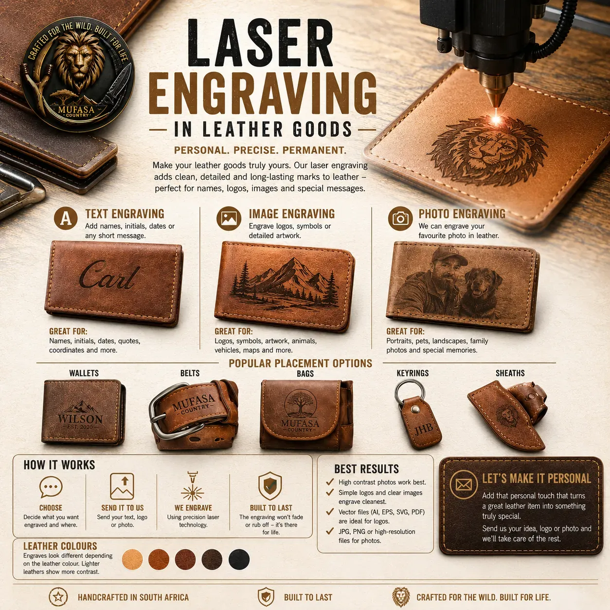 Leather laser engraving and personalisation on handmade leather goods
