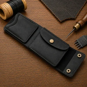 Leather Wallet Ndogo Black with coin pocket, quick easy access card slots and bank note compartment