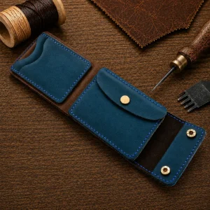 Leather Wallet Ndogo Blue and Brown with coin pocket, quick easy access card slots and bank note compartment