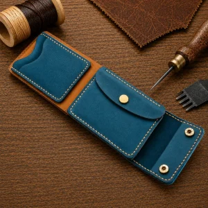 Leather Wallet Ndogo Blue and Orange with coin pocket, quick easy access card slots and bank note compartment