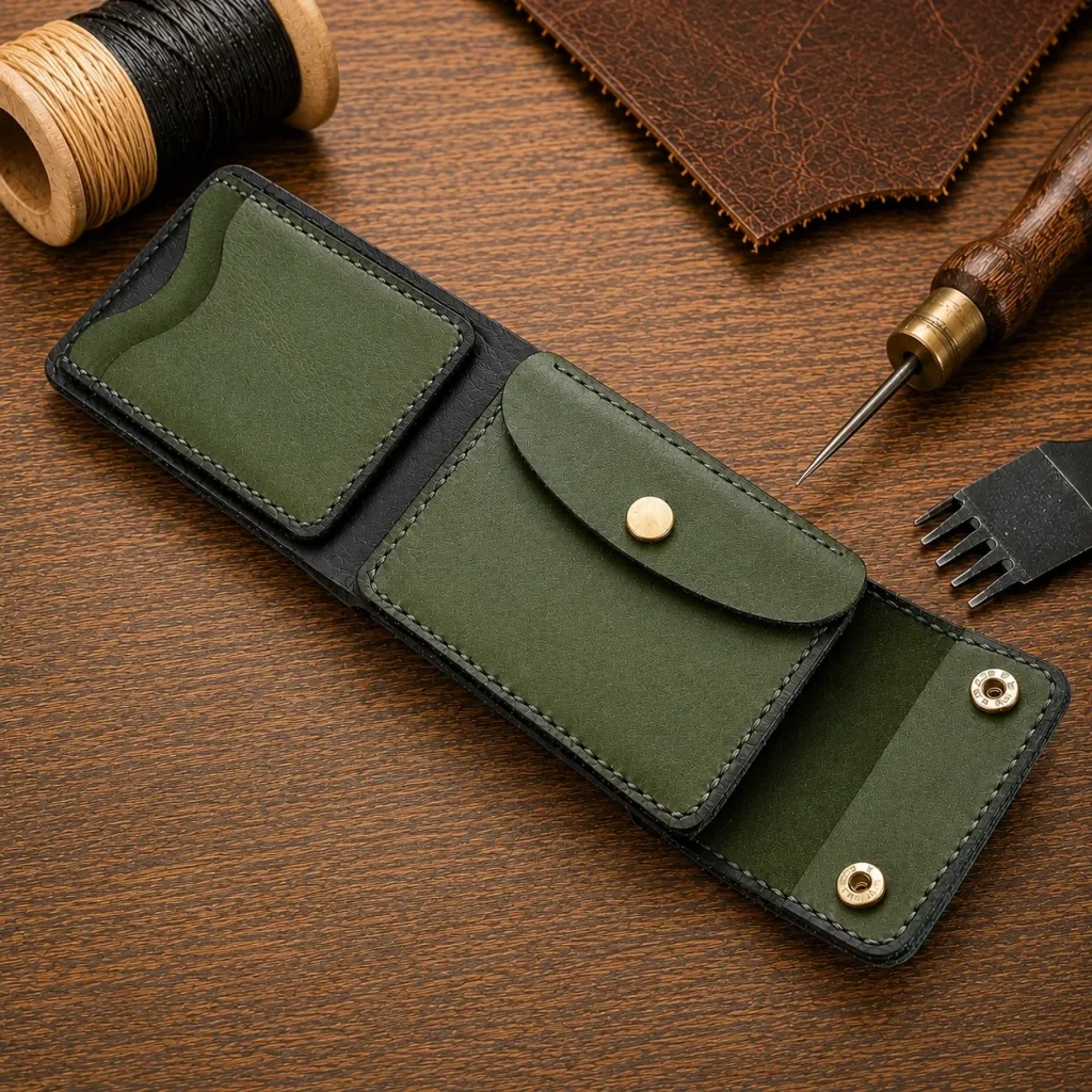 Leather Wallet Ndogo Green with coin pocket, quick easy access card slots and bank note compartment