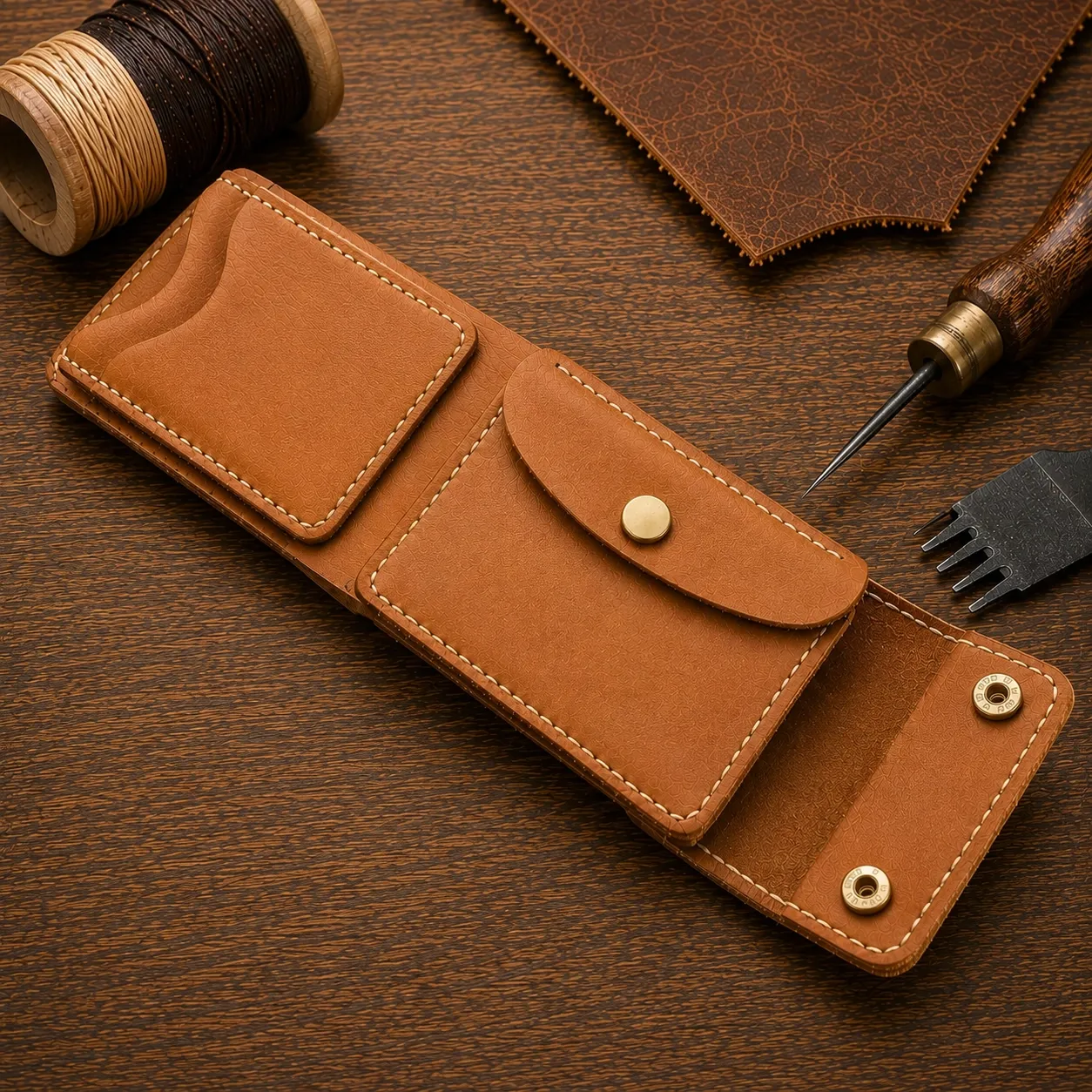 Leather Wallet Ndogo Tan with coin pocket, quick easy access card slots and bank note compartment