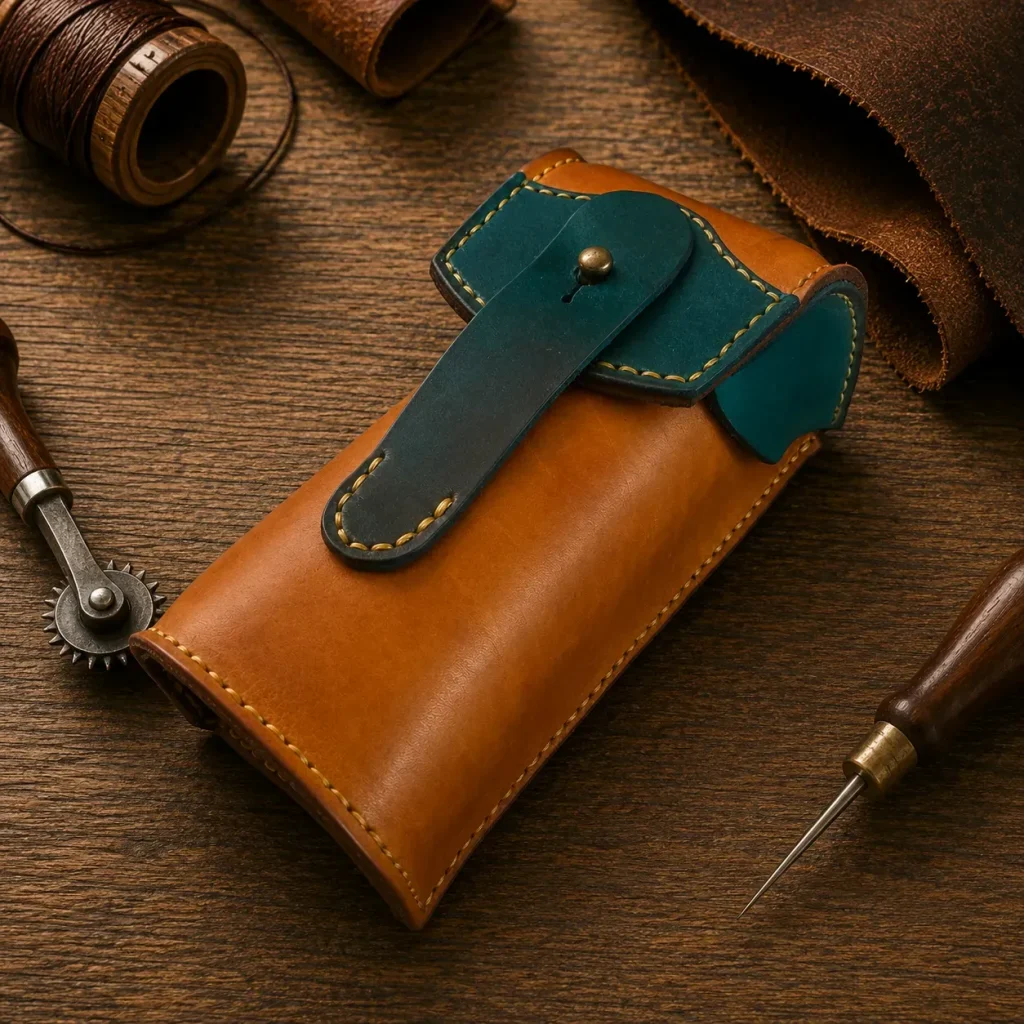 Custom handmade handstitched leather pen case with ball head rivet
