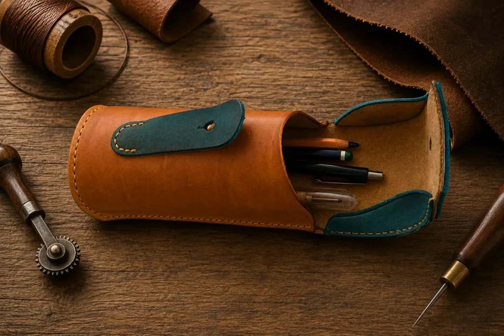 Custom handmade handstitched leather pen case with ball head rivet