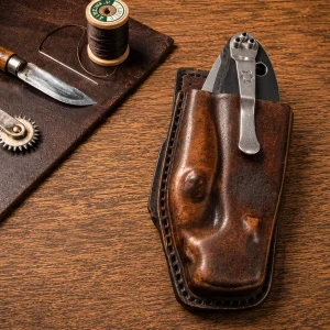 Custom hand-stitched leather Spyderco Manix 2 sheath with no top cover flap