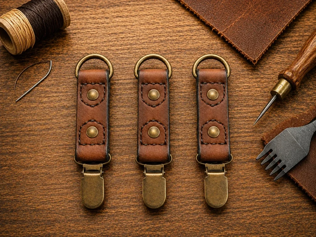 Handcrafted genuine leather suspenders clip-ons with adjustable straps and brass hardware