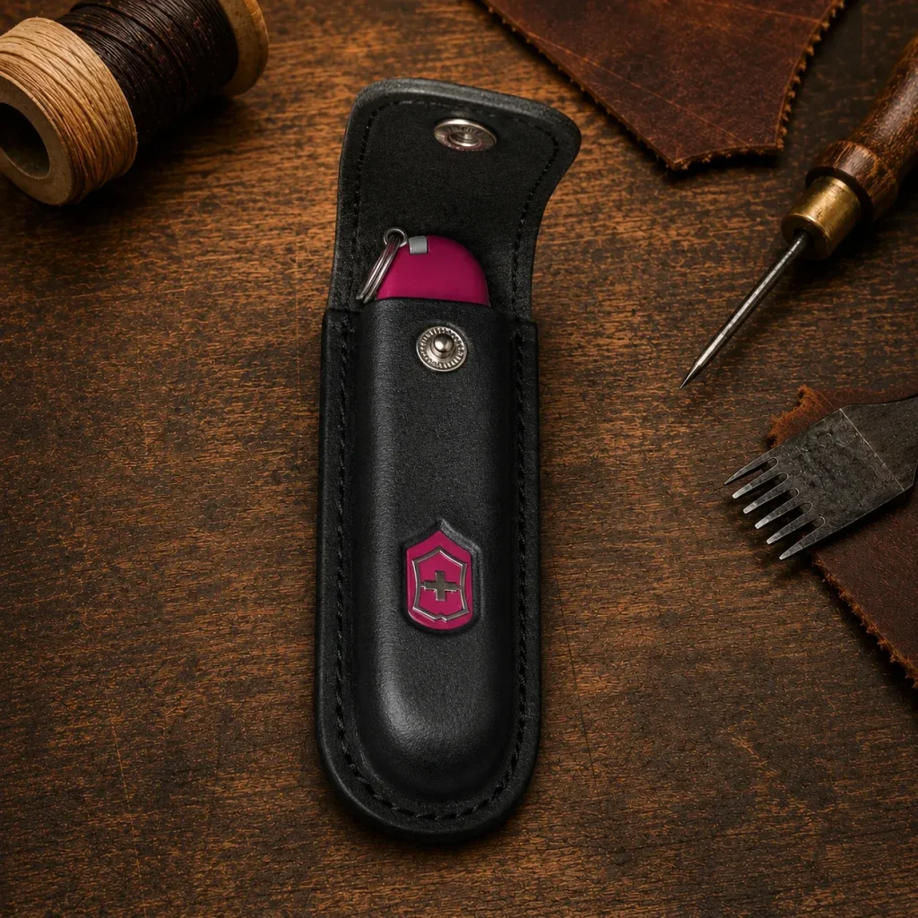 Custom leather Victorinox Bantam small sheath with top covering and stud closure