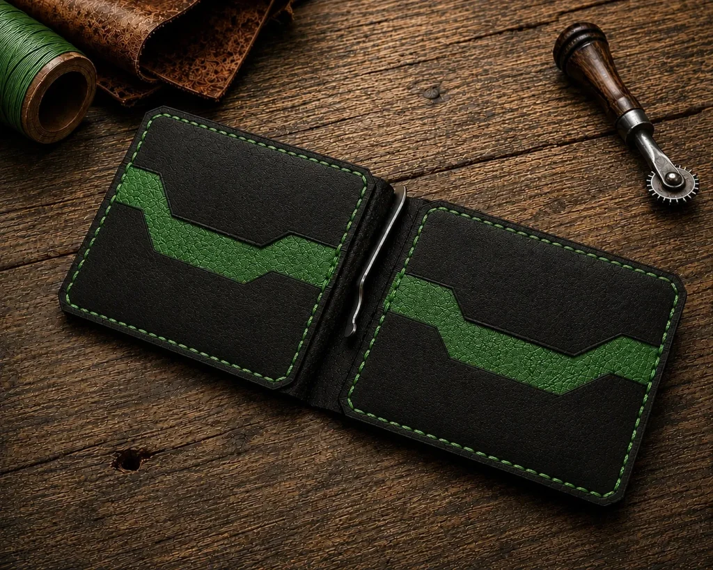 Green Kamata leather money clip wallet with handcrafted stitching and card slots