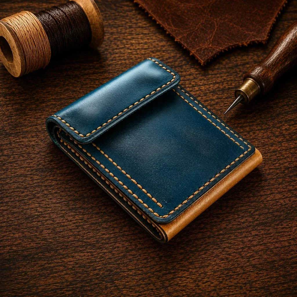 Leather Wallet Ndogo Blue and Orange with coin pocket, quick easy access card slots and bank note compartment