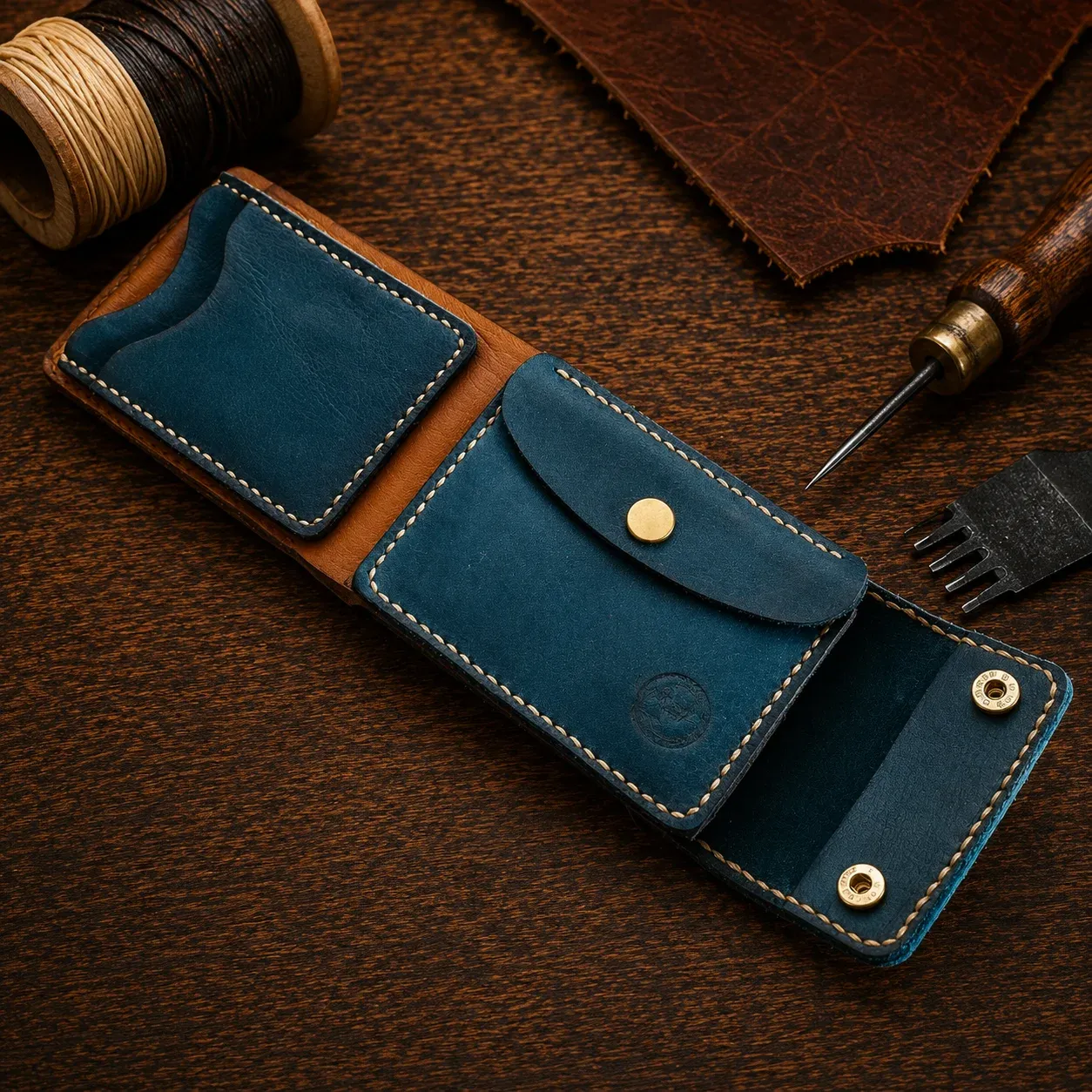 Leather Wallet Ndogo Blue and Orange with coin pocket, quick easy access card slots and bank note compartment