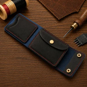 Leather Wallet Ndogo Black and Blue with coin pocket, quick easy access card slots and bank note compartment