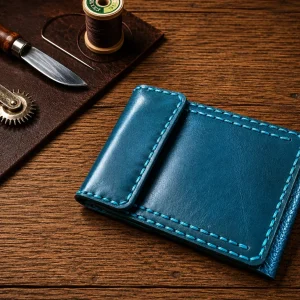 Leather Wallet Ndogo Blue with coin pocket, quick easy access card slots and bank note compartment