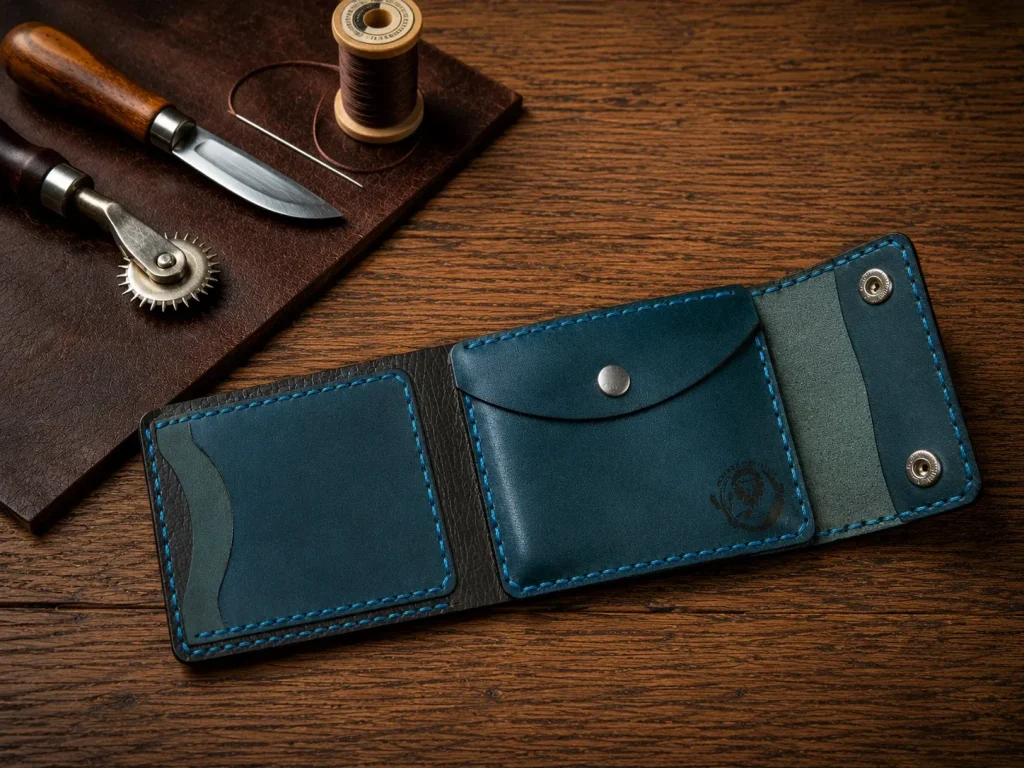 Leather Wallet Ndogo Blue with coin pocket, quick easy access card slots and bank note compartment