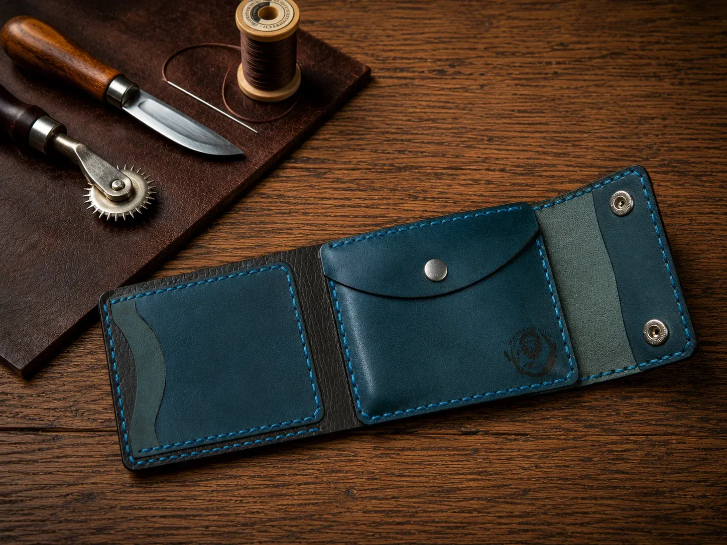 Leather Wallet Ndogo Blue with coin pocket, quick easy access card slots and bank note compartment