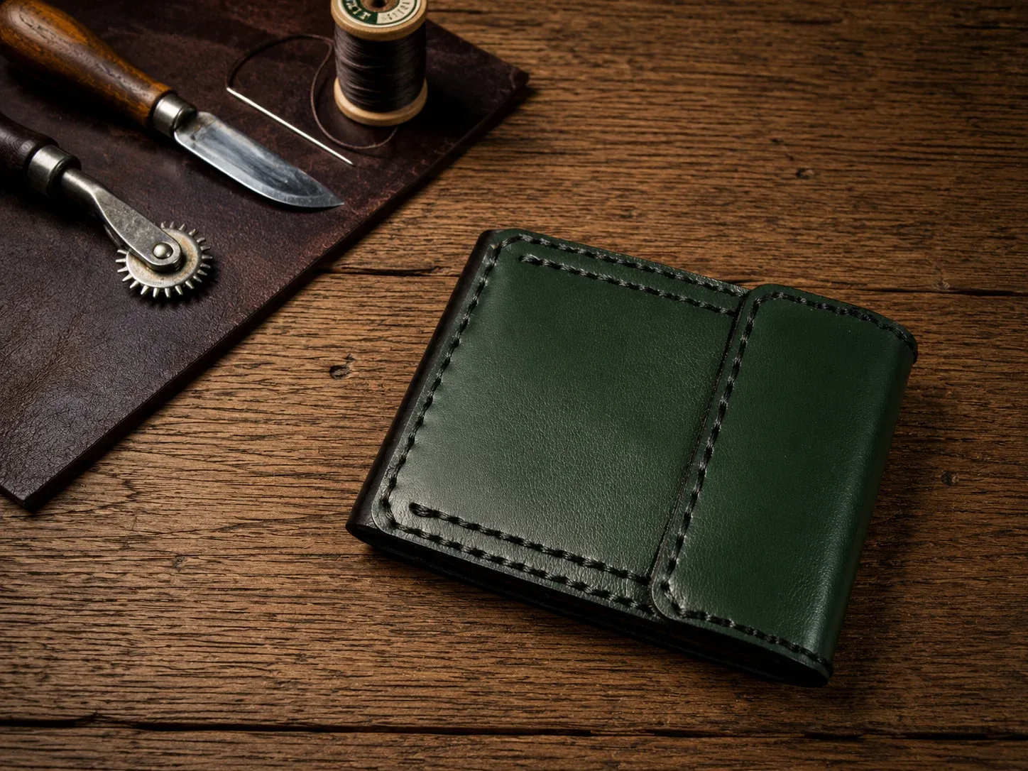 Leather Wallet Ndogo Green with coin pocket, quick easy access card slots and bank note compartment