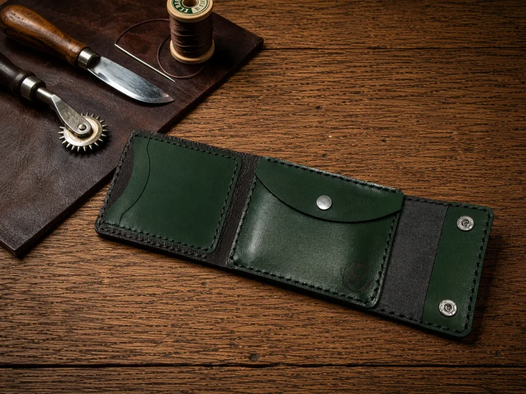 Leather Wallet Ndogo Green with coin pocket, quick easy access card slots and bank note compartment