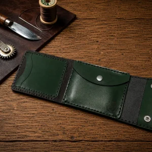 Leather Wallet Ndogo Green with coin pocket, quick easy access card slots and bank note compartment