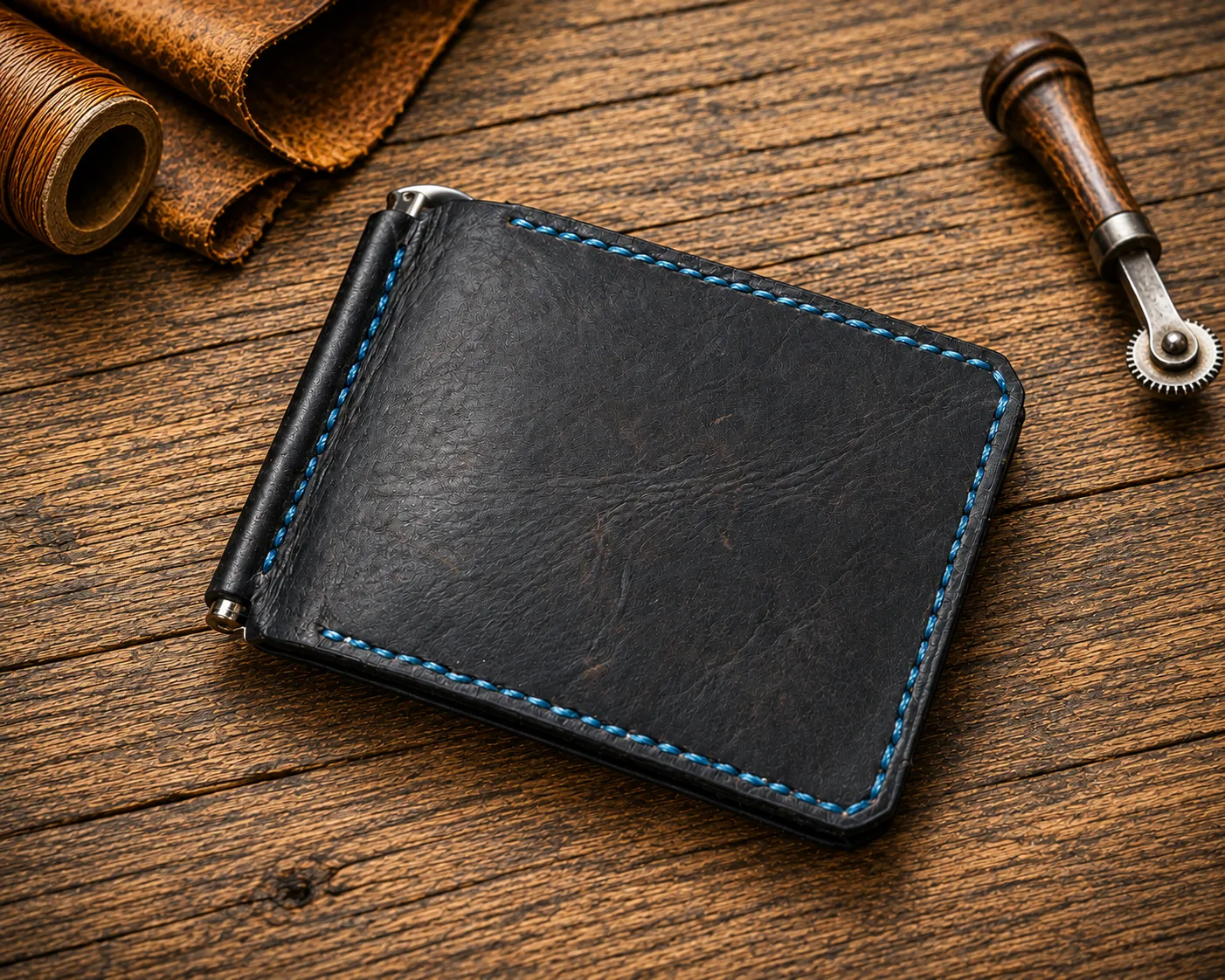 Kamata leather money clip wallet with handcrafted stitching and card slots