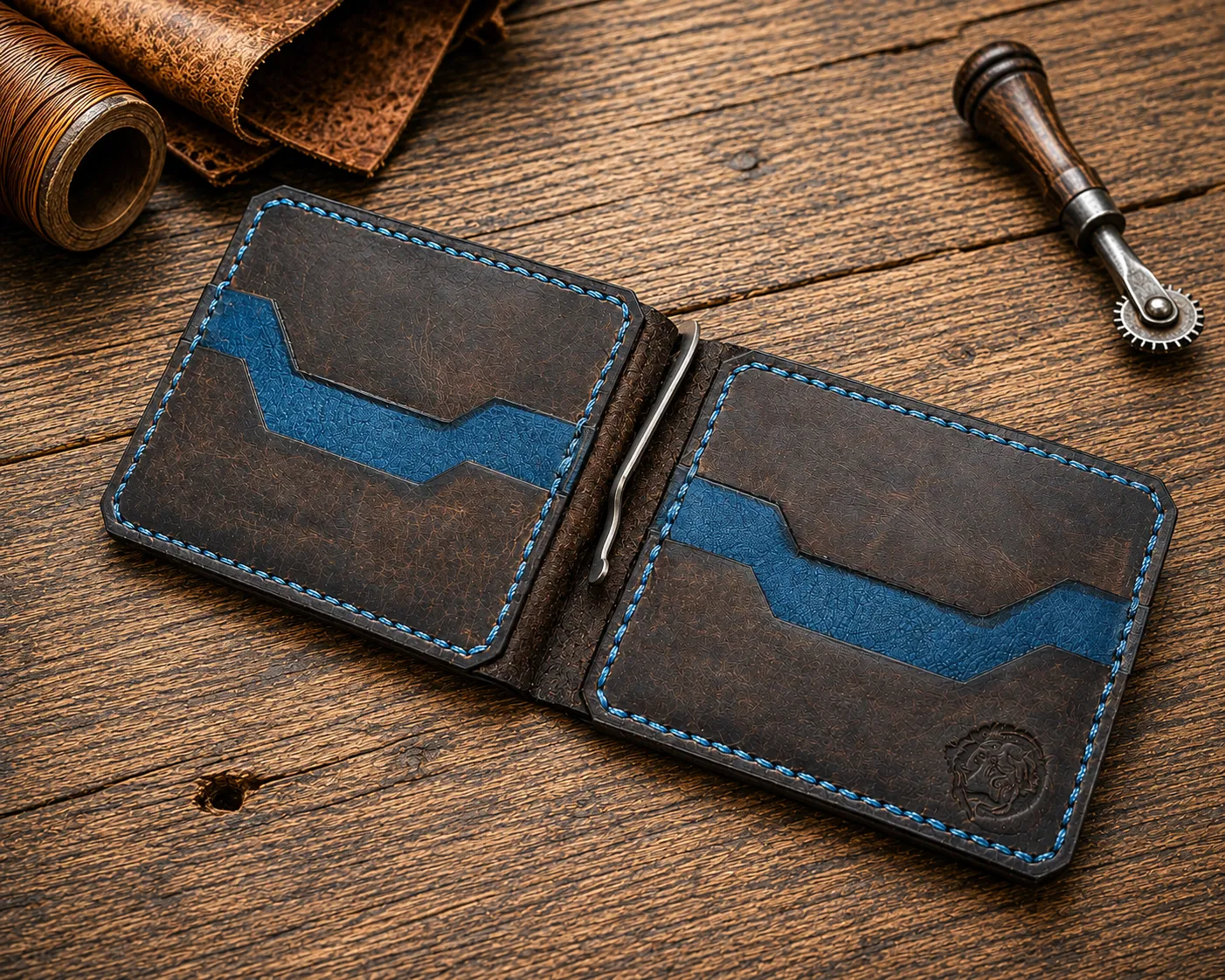 Kamata leather money clip wallet with handcrafted stitching and card slots