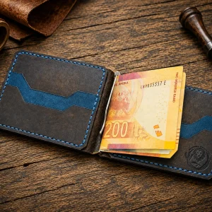 Kamata leather money clip wallet with handcrafted stitching and card slots