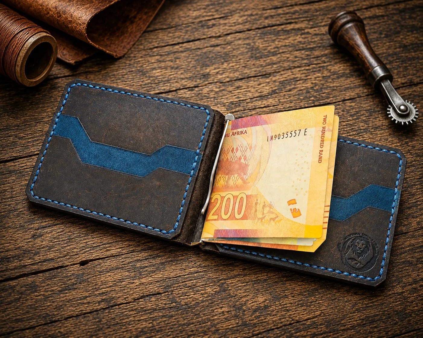 Kamata leather money clip wallet with handcrafted stitching and card slots