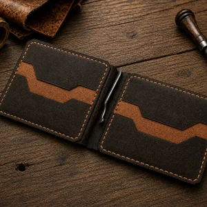 Brown Kamata leather money clip wallet with handcrafted stitching and card slots