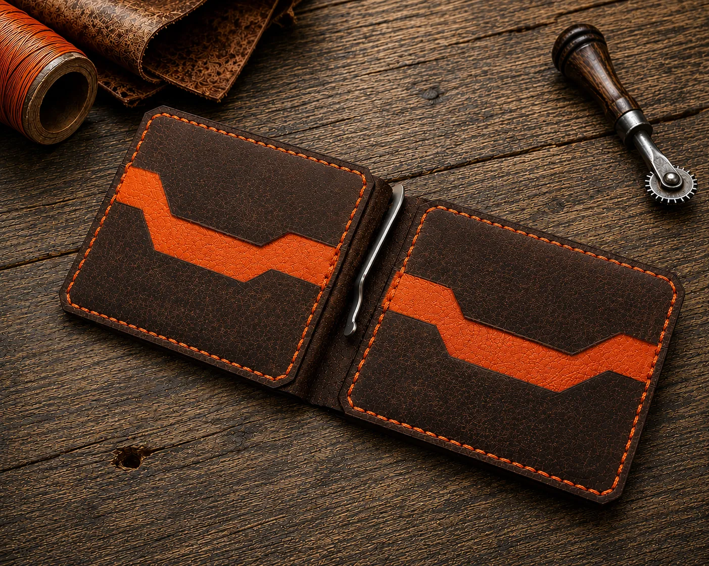 Orange Kamata leather money clip wallet with handcrafted stitching and card slots