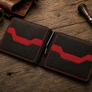 Red Kamata leather money clip wallet with handcrafted stitching and card slots
