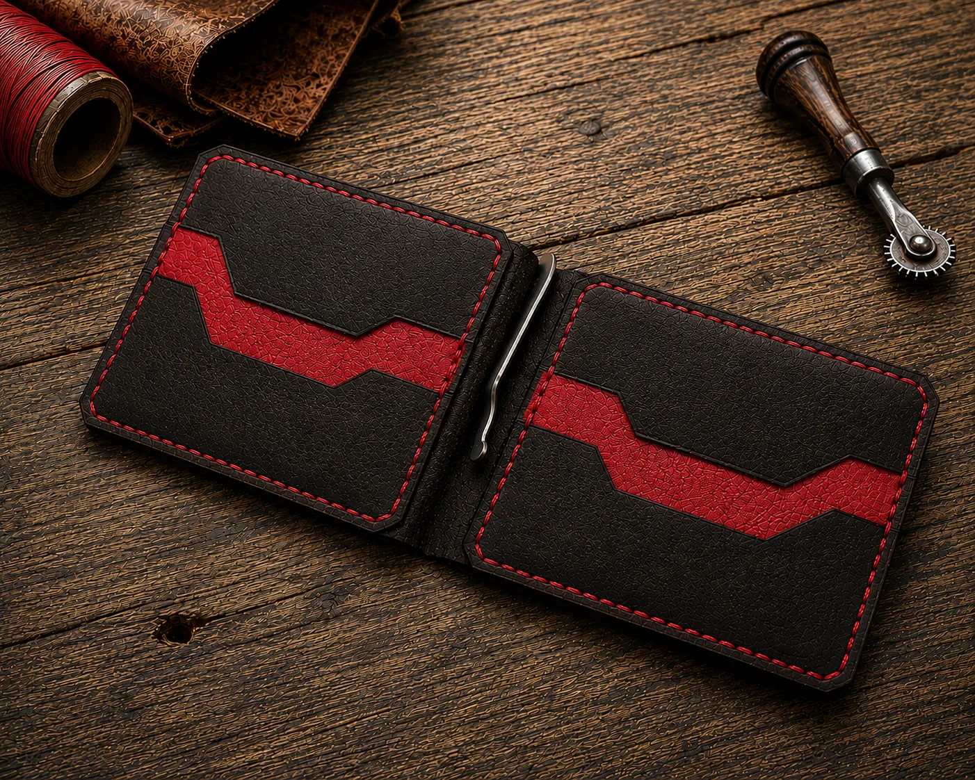 Red Kamata leather money clip wallet with handcrafted stitching and card slots