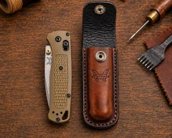 Custom hand-stitched Benchmade Bugout leather sheath with top cover and stud